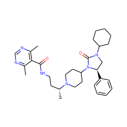 Cc1ncnc(C)c1C(=O)NCC[C@@H](C)N1CCC(N2C(=O)N(C3CCCCC3)C[C@H]2c2ccccc2)CC1 ZINC000096285468