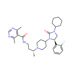 Cc1ncnc(C)c1C(=O)NCC[C@@H](C)N1CCC(N2C(=O)N(C3CCCCC3)C[C@H]2c2ccccc2F)CC1 ZINC000096285439