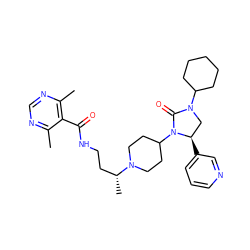 Cc1ncnc(C)c1C(=O)NCC[C@@H](C)N1CCC(N2C(=O)N(C3CCCCC3)C[C@H]2c2cccnc2)CC1 ZINC000096285417