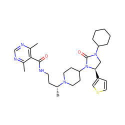 Cc1ncnc(C)c1C(=O)NCC[C@@H](C)N1CCC(N2C(=O)N(C3CCCCC3)C[C@H]2c2ccsc2)CC1 ZINC000096285454