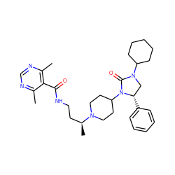 Cc1ncnc(C)c1C(=O)NCC[C@H](C)N1CCC(N2C(=O)N(C3CCCCC3)C[C@@H]2c2ccccc2)CC1 ZINC000096285422