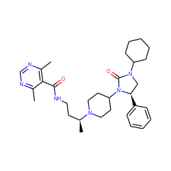 Cc1ncnc(C)c1C(=O)NCC[C@H](C)N1CCC(N2C(=O)N(C3CCCCC3)C[C@H]2c2ccccc2)CC1 ZINC000096285379