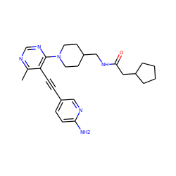 Cc1ncnc(N2CCC(CNC(=O)CC3CCCC3)CC2)c1C#Cc1ccc(N)nc1 ZINC000149232684