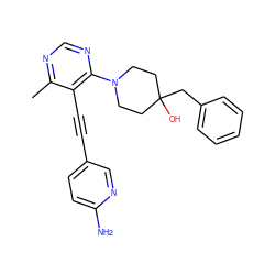 Cc1ncnc(N2CCC(O)(Cc3ccccc3)CC2)c1C#Cc1ccc(N)nc1 ZINC000149231794