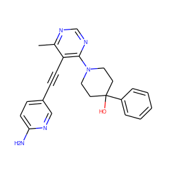 Cc1ncnc(N2CCC(O)(c3ccccc3)CC2)c1C#Cc1ccc(N)nc1 ZINC000149286572