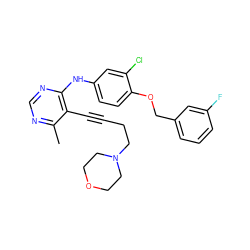 Cc1ncnc(Nc2ccc(OCc3cccc(F)c3)c(Cl)c2)c1C#CCCN1CCOCC1 ZINC000066136533