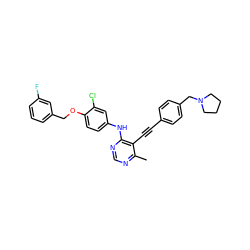 Cc1ncnc(Nc2ccc(OCc3cccc(F)c3)c(Cl)c2)c1C#Cc1ccc(CN2CCCC2)cc1 ZINC000043132870