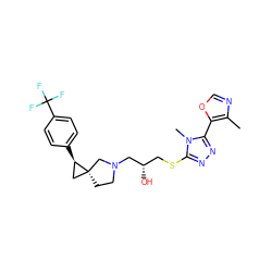 Cc1ncoc1-c1nnc(SC[C@H](O)CN2CC[C@@]3(C[C@H]3c3ccc(C(F)(F)F)cc3)C2)n1C ZINC001772639108