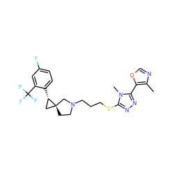 Cc1ncoc1-c1nnc(SCCCN2CC[C@]3(C[C@@H]3c3ccc(F)cc3C(F)(F)F)C2)n1C ZINC001772657255