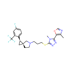 Cc1ncoc1-c1nnc(SCCCN2CC[C@]3(C[C@H]3c3ccc(F)cc3C(F)(F)F)C2)n1C ZINC001772624649