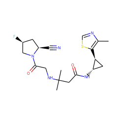 Cc1ncsc1[C@H]1C[C@@H]1NC(=O)CC(C)(C)NCC(=O)N1C[C@@H](F)C[C@H]1C#N ZINC000040914567