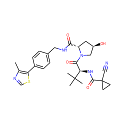 Cc1ncsc1-c1ccc(CNC(=O)[C@@H]2C[C@@H](O)CN2C(=O)[C@@H](NC(=O)C2(C#N)CC2)C(C)(C)C)cc1 ZINC000584905096