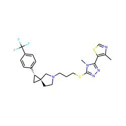 Cc1ncsc1-c1nnc(SCCCN2CC[C@]3(C[C@@H]3c3ccc(C(F)(F)F)cc3)C2)n1C ZINC001772636424