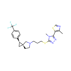 Cc1ncsc1-c1nnc(SCCCN2CC[C@]3(C[C@H]3c3ccc(C(F)(F)F)cc3)C2)n1C ZINC001772582860