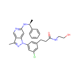 Cc1nn(-c2cc(Cl)cc(CCC(=O)NCCO)c2)c2cc(N[C@@H](C)c3ccccc3)ncc12 ZINC000040430048