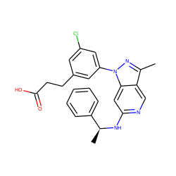 Cc1nn(-c2cc(Cl)cc(CCC(=O)O)c2)c2cc(N[C@@H](C)c3ccccc3)ncc12 ZINC000045484242