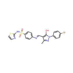 Cc1nn(-c2ccc(Br)cc2)c(O)c1/C=N/c1ccc(S(=O)(=O)Nc2nccs2)cc1 ZINC000008686711