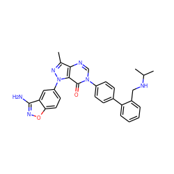 Cc1nn(-c2ccc3onc(N)c3c2)c2c(=O)n(-c3ccc(-c4ccccc4CNC(C)C)cc3)cnc12 ZINC000014951252