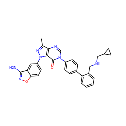 Cc1nn(-c2ccc3onc(N)c3c2)c2c(=O)n(-c3ccc(-c4ccccc4CNCC4CC4)cc3)cnc12 ZINC000014951246