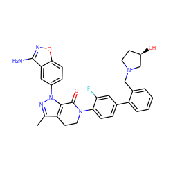 Cc1nn(-c2ccc3onc(N)c3c2)c2c1CCN(c1ccc(-c3ccccc3CN3CC[C@@H](O)C3)cc1F)C2=O ZINC000014950465