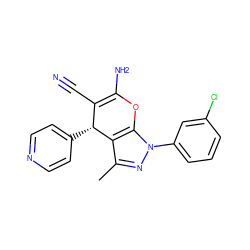 Cc1nn(-c2cccc(Cl)c2)c2c1[C@H](c1ccncc1)C(C#N)=C(N)O2 ZINC000000629592