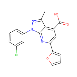 Cc1nn(-c2cccc(Cl)c2)c2nc(-c3ccco3)cc(C(=O)O)c12 ZINC000005783275