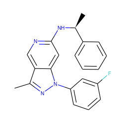 Cc1nn(-c2cccc(F)c2)c2cc(N[C@@H](C)c3ccccc3)ncc12 ZINC000040957763