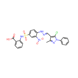 Cc1nn(-c2ccccc2)c(Cl)c1/C=N/Nc1ccc(S(=O)(=O)Nc2ccccc2C(=O)O)cc1[N+](=O)[O-] ZINC000017307574