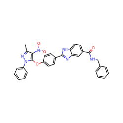 Cc1nn(-c2ccccc2)c(Oc2ccc(-c3nc4cc(C(=O)NCc5ccccc5)ccc4[nH]3)cc2)c1[N+](=O)[O-] ZINC001772616660