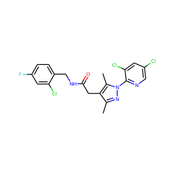 Cc1nn(-c2ncc(Cl)cc2Cl)c(C)c1CC(=O)NCc1ccc(F)cc1Cl ZINC000095565845