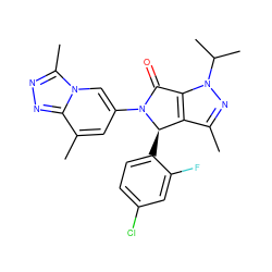 Cc1nn(C(C)C)c2c1[C@@H](c1ccc(Cl)cc1F)N(c1cc(C)c3nnc(C)n3c1)C2=O ZINC000261101594