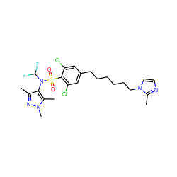 Cc1nn(C)c(C)c1N(C(F)F)S(=O)(=O)c1c(Cl)cc(CCCCCCn2ccnc2C)cc1Cl ZINC000199944582