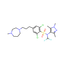 Cc1nn(C)c(C)c1N(C(F)F)S(=O)(=O)c1c(Cl)cc(CCCN2CCCN(C)CC2)cc1Cl ZINC000199937400