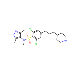 Cc1nn(C)c(C)c1N(C)S(=O)(=O)c1c(Cl)cc(CCCC2CCNCC2)cc1Cl ZINC000199945349