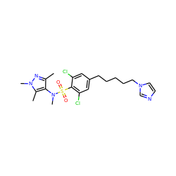 Cc1nn(C)c(C)c1N(C)S(=O)(=O)c1c(Cl)cc(CCCCCn2ccnc2)cc1Cl ZINC000199940992