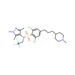 Cc1nn(C)c(C)c1N(CC(F)(F)F)S(=O)(=O)c1c(Cl)cc(CCCC2CCN(C)CC2)cc1Cl ZINC000140262752