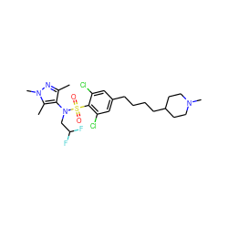 Cc1nn(C)c(C)c1N(CC(F)F)S(=O)(=O)c1c(Cl)cc(CCCCC2CCN(C)CC2)cc1Cl ZINC000199938282