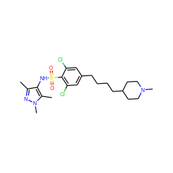 Cc1nn(C)c(C)c1NS(=O)(=O)c1c(Cl)cc(CCCCC2CCN(C)CC2)cc1Cl ZINC000299822714