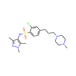 Cc1nn(C)c(C)c1NS(=O)(=O)c1ccc(CCCN2CCN(C)CC2)cc1Cl ZINC001772590826