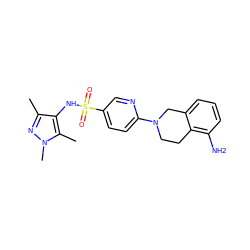 Cc1nn(C)c(C)c1NS(=O)(=O)c1ccc(N2CCc3c(N)cccc3C2)nc1 ZINC001772633078