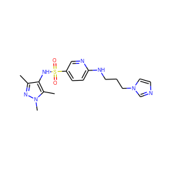 Cc1nn(C)c(C)c1NS(=O)(=O)c1ccc(NCCCn2ccnc2)nc1 ZINC000073273897