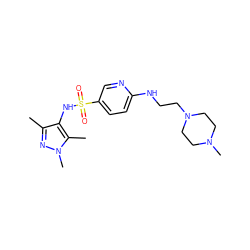 Cc1nn(C)c(C)c1NS(=O)(=O)c1ccc(NCCN2CCN(C)CC2)nc1 ZINC000073199470