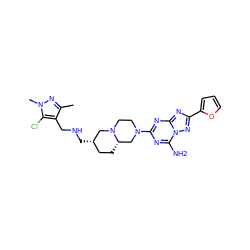 Cc1nn(C)c(Cl)c1CNC[C@H]1CC[C@H]2CN(c3nc(N)n4nc(-c5ccco5)nc4n3)CCN2C1 ZINC000013585867