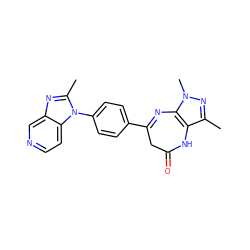 Cc1nn(C)c2c1NC(=O)CC(c1ccc(-n3c(C)nc4cnccc43)cc1)=N2 ZINC000013743170