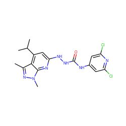 Cc1nn(C)c2nc(NNC(=O)Nc3cc(Cl)nc(Cl)c3)cc(C(C)C)c12 ZINC000013813291