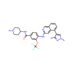 Cc1nn(C)cc1-c1cccc2cnc(Nc3ccc(C(=O)NC4CCN(C)CC4)cc3OC(F)(F)F)cc12 ZINC001772654449