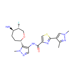 Cc1nn(C)cc1-c1nc(C(=O)Nc2cnn(C)c2[C@@H]2CC[C@@H](N)[C@H](F)CO2)cs1 ZINC000216886883