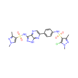 Cc1nn(C)cc1S(=O)(=O)Nc1n[nH]c2nc(-c3ccc(NS(=O)(=O)c4c(C)nn(C)c4Cl)cc3)cnc12 ZINC001772616381