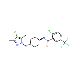 Cc1nn(C[C@H]2CC[C@H](NC(=O)c3cc(C(F)(F)F)ccc3Cl)CC2)c(C)c1Cl ZINC000261158150