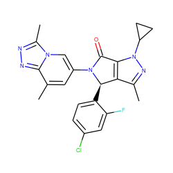 Cc1nn(C2CC2)c2c1[C@@H](c1ccc(Cl)cc1F)N(c1cc(C)c3nnc(C)n3c1)C2=O ZINC000261181023